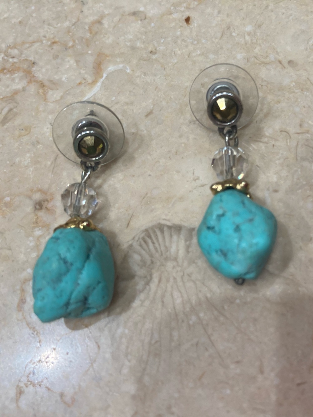 Vintage Turquoise Nugget Drop Earrings  with Crystal accent and Sterling Silver